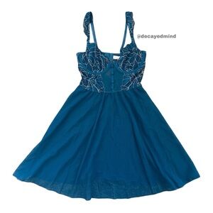 Y2K “La Vie en Rose” Blue Babydoll Floral Lace Sheer Slip Dress